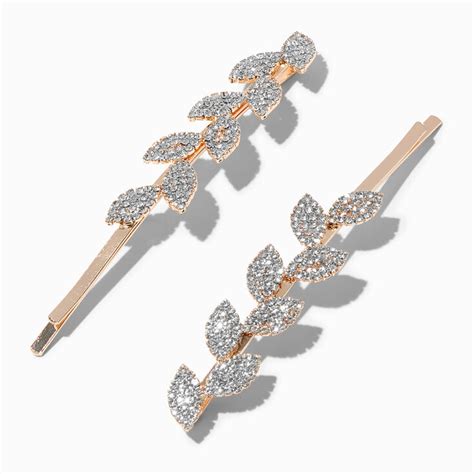 Rose Gold Pavé Crystal Leaf Hair Pins 2 Pack Claires Us