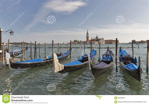 Venice Gondolas In Front Of San Giorgio Maggiore Island Italy Stock