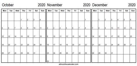 October November December 2020 Calendar Three Month Calendar