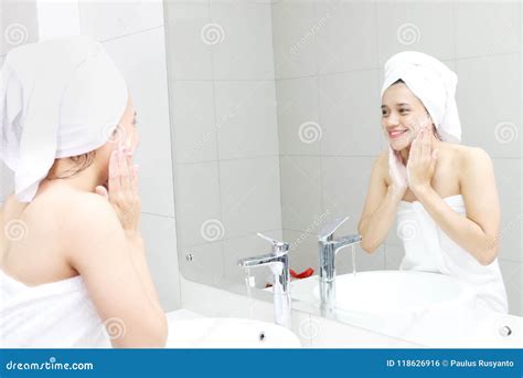 Asian Woman Washing Her Face With A Soap Stock Photo Image Of