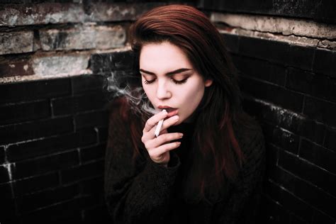 Girl Black Makeup Hairstyle Wall Brick Nadia Smokes Cigarette