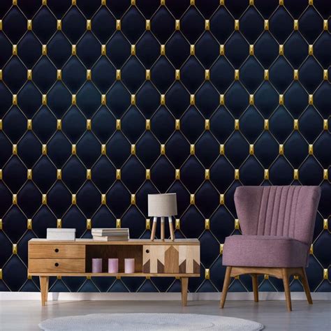 Art Deco Geometric Wallpaper In Navy Blue And Gold Removable Etsy Art