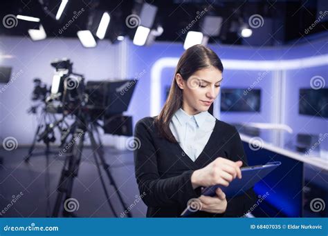 Television Presenter Recording In News Studiofemale Journalist Anchor