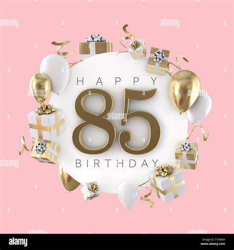 Happy 85th Birthday Party Composition With Balloons And Presents 3d