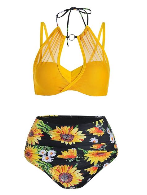 Sunflower Print Mesh Insert Bikini Swimwear in 2020 | Ladies bikini sets, Bikini swimwear, Swimwear
