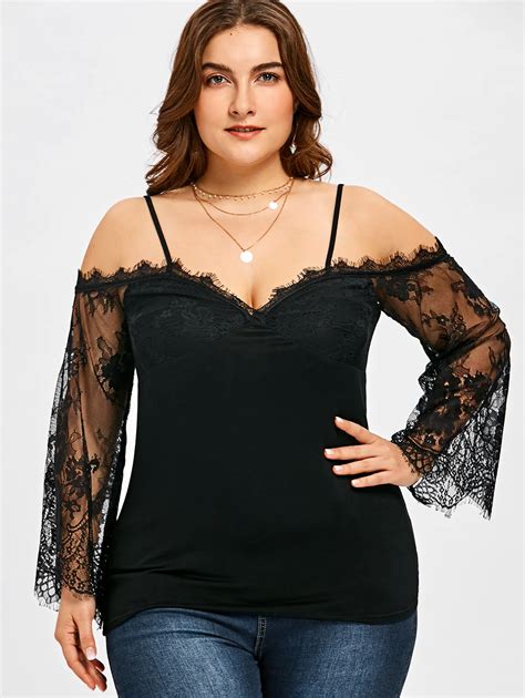 gamiss women off the shoulder lace blouses plus size sheer flare sleeve spaghetti strap blouse