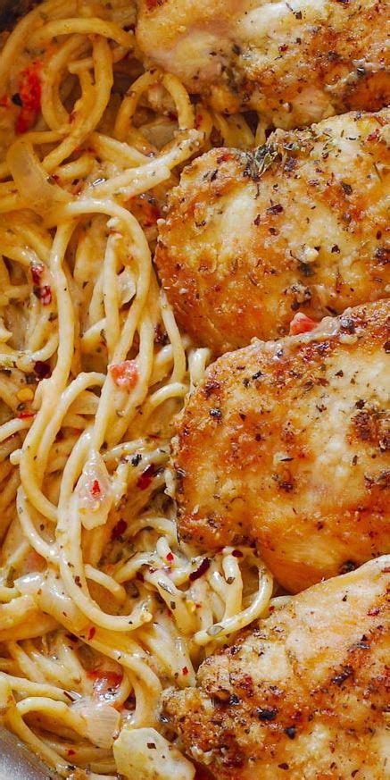 Seared Chicken Breasts Four Over Spaghetti Pasta In Creamy Parmesan