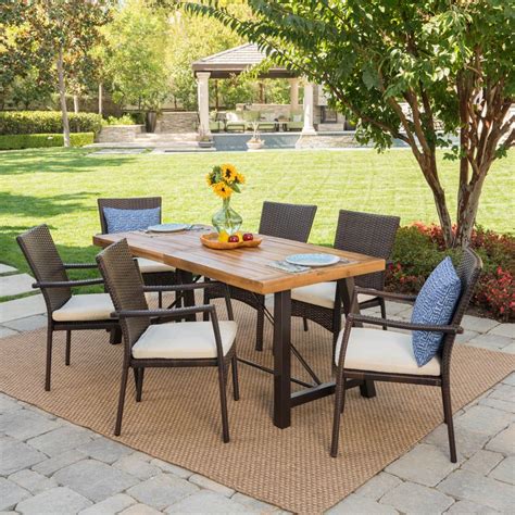 Williams Outdoor 7 Piece Dining Set With Wood Table And Wicker Dining