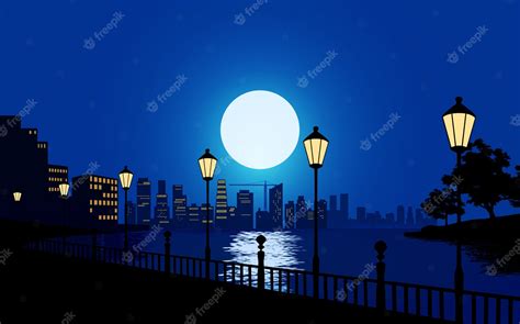 Premium Vector Beautiful Night In City With River And Street Lamps