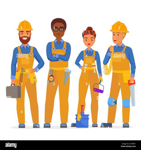 professional construction workers specialists characters team friendly workers in workwear