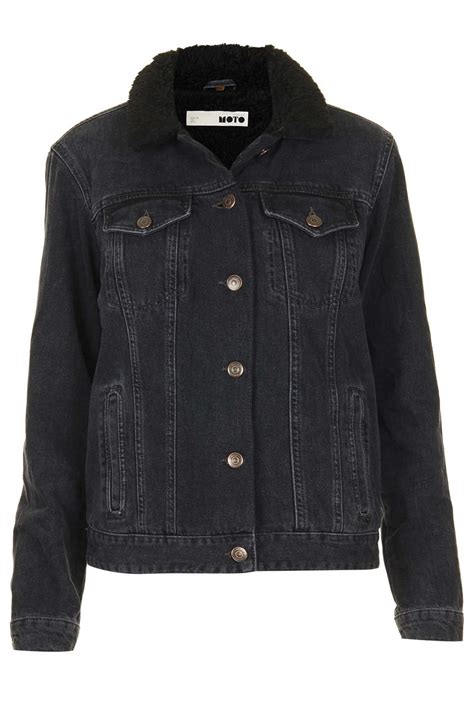 topshop moto black borg denim jacket in black lyst