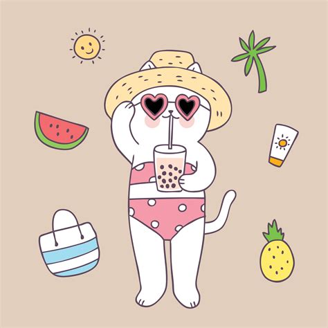 Cartoon Cute Summer Cat On Beach Vector Download Free