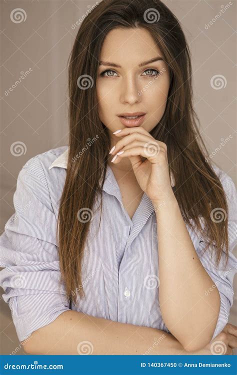 Fit Brunette Caucasian Woman In Mens Shirt At Home Pretty Flawless
