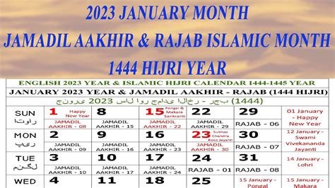 2023 January Calendar Jamadil Aakhir Rajab Islamic Month Hijri