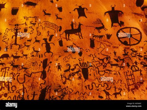 Variety Of Cave Paintings And Primitive Art Depicting People Animals