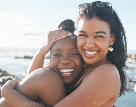 Women Portrait Or Friends Hug By Beach Sea Or Ocean In Summer Holiday