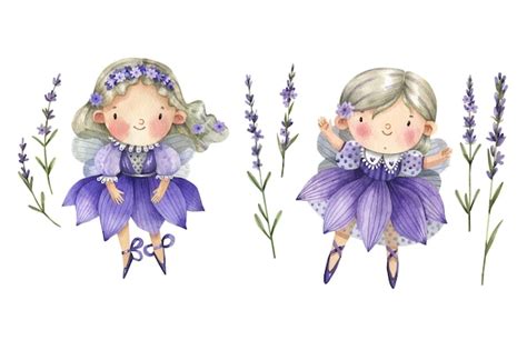 Premium Vector Cute Magical Fairies And Lavender Flowers Watercolor