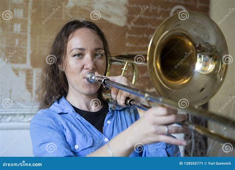 Teenage Girl Playing The Trombone Stock Image Image Of Jazz Hand