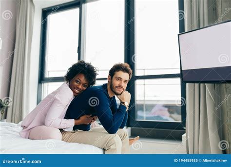 Interracial Young Couple Relaxing And Having Fun On Bed African Woman Stock Image Image Of