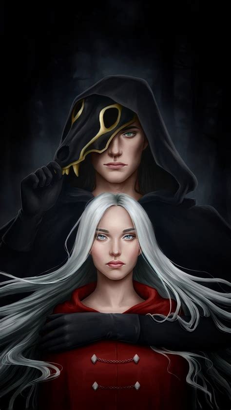 Two People With White Hair And Black Hoods One Is Wearing A Red Dress