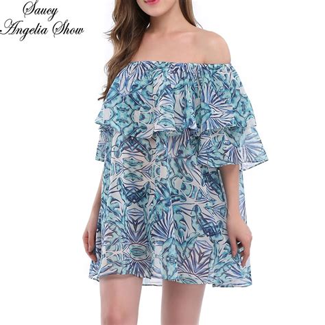 Saucy Angelia Women Summer Dress 2018 Sexy Sheer Print A Line Vestidos Swing Ruffles Loose Party