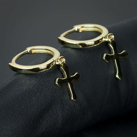 14K Gold Sterling Silver Dangle Cross Hoop Earrings