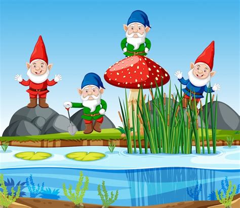 Free Vector Gnomes Group Standing Beside Swamp In Cartoon Style
