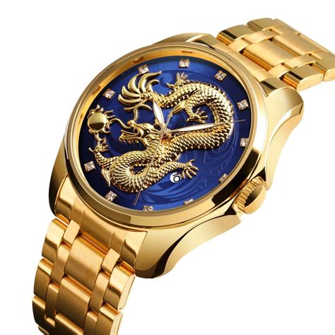 Mens Quartz Watch Luxury Chinese Dragon Pattern Golden Male Watches