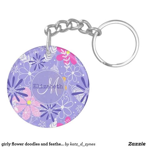 girly-flower-doodles-and-feathers-monogrammed-keychain-flower-doodles,-monogram-keychain,-doodles