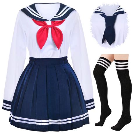 Japanese School Girls Uniform Sailor Navy Blue Pleated Skirt Anime Cosplay Costumes With Socks