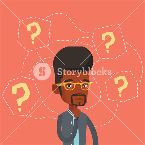 Thinking Businessman Standing Under Question Marks Young African