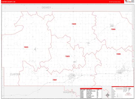 Custer County Ok Zip Code Wall Map Red Line Style By Marketmaps