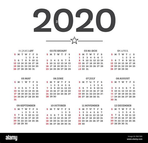 Calendar 2020 Isolated On White Background Week Starts From Sunday