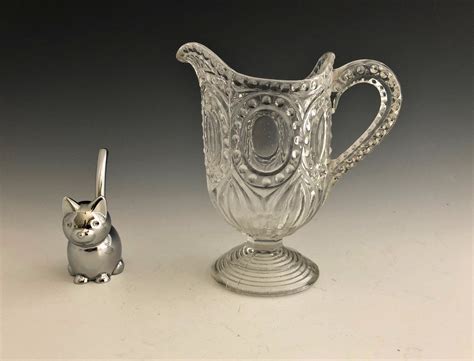 Victorian Era Pressed Glass Creamer English Glass Creamer Bead And Oval Motif Antique