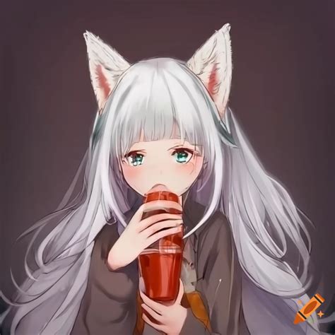 Anime Fox Girl With White Hair Drinking