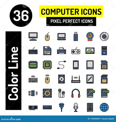 36 Color Line Icon Set Computer Components Symbol Vector Sign Isolated