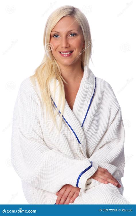 Cute Woman In A Bathrobe Stock Photo Image Of Blue Hygiene