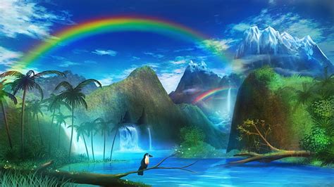 Hd Wallpaper Rainbow And Waterfalls Illustration Landscape Mountains