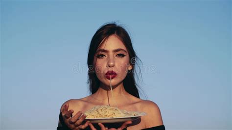 Beautiful Woman Eating Pasta Spaghetti Girl Stock Video Video Of Spagetti Nude 202854331