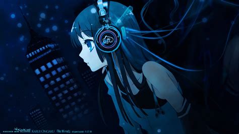 Wallpaper Illustration Anime Girls Blue Headphones Darkness