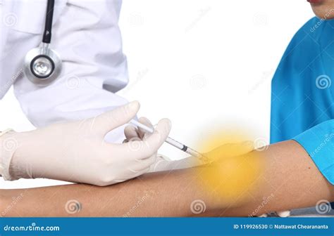 Doctor Nurse Injects Serum Cure Syringe Into Patient S Arm Intr Stock