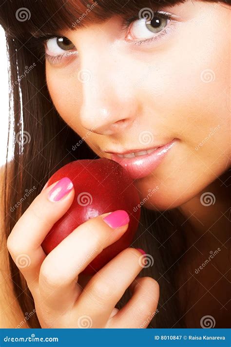 Young Woman With A Peach Stock Image Image Of Eyes Eating 8010847