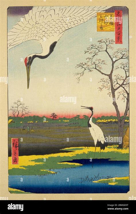 1850s Japan Two Cranes — Two Cranes In The Countryside Of Edo