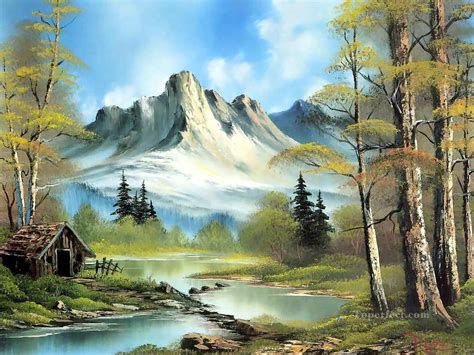 Mountain Cabin Bob Ross Freehand Landscapes Painting In Oil For Sale