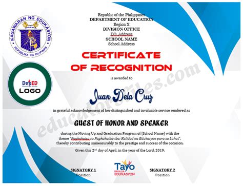 Deped Certificate Of Recognition Template Free Download Free