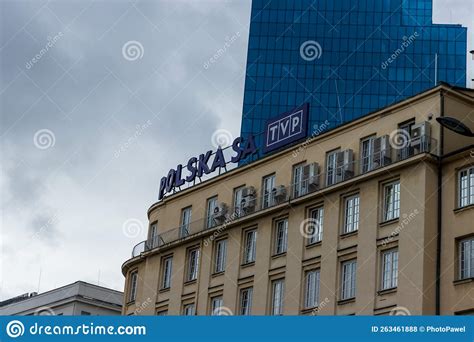 Polish Public Television Building In Warsaw Sign Telewizja Polska Tvp
