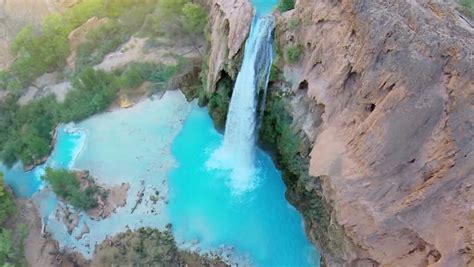 Waterfall Havasu Falls In Grand Canyon At Autumn Day Aerial View Stock