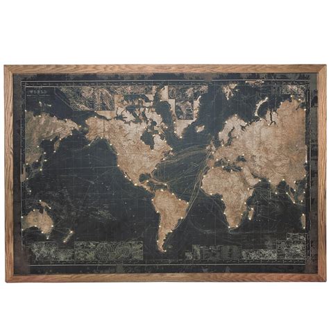 Map Of The World Framed Canvas Wall Art Print With Led 180cm Black