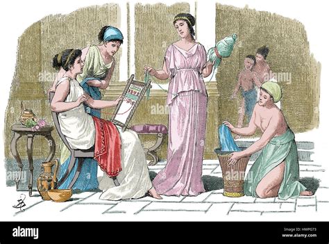 La Antigua Grecia Grabado De La Mujer Ateniense En Casa Grabado 1879 Color Fotografía De
