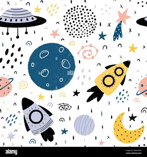 Space Seamless Pattern With Spaceships Planets Moon Stars Stardust